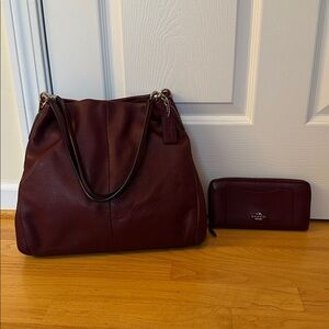 Elegant Burgundy Coach Leather Tote and Wallet Set